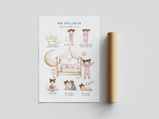 Pedagogisk poster: Min kvällsrutin (flicka)